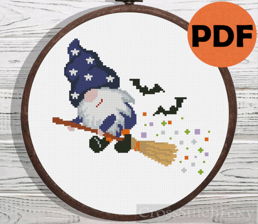 Halloween gnome on broom cross stitch pattern
