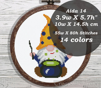 Halloween gnome with magic potion cross stitch pattern