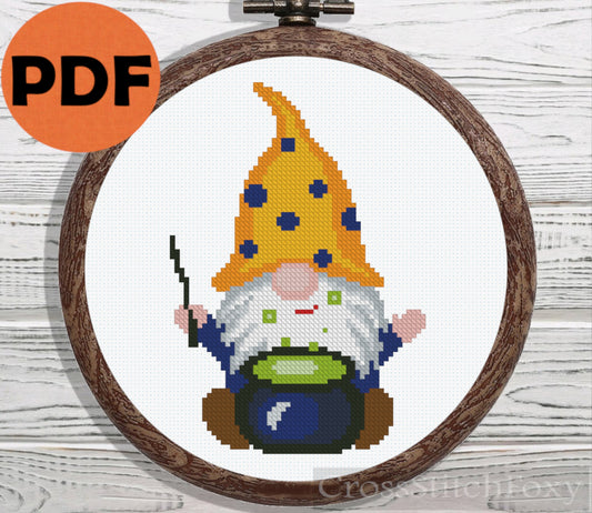 Halloween gnome with magic potion cross stitch pattern