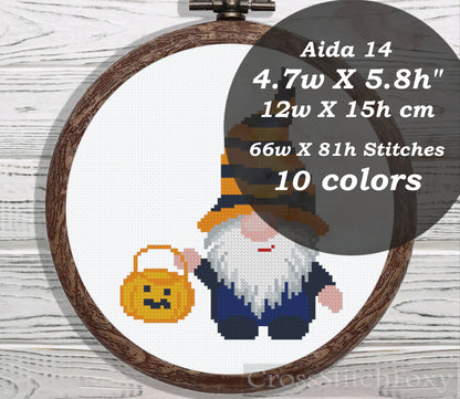 Halloween gnome with pumpkin cross stitch pattern