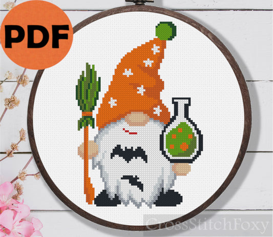 Halloween gnome with broom cross stitch pattern