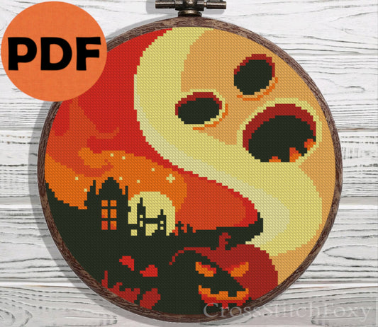 Halloween spooky ghost pumpkin castle landscape cross stitch pattern
