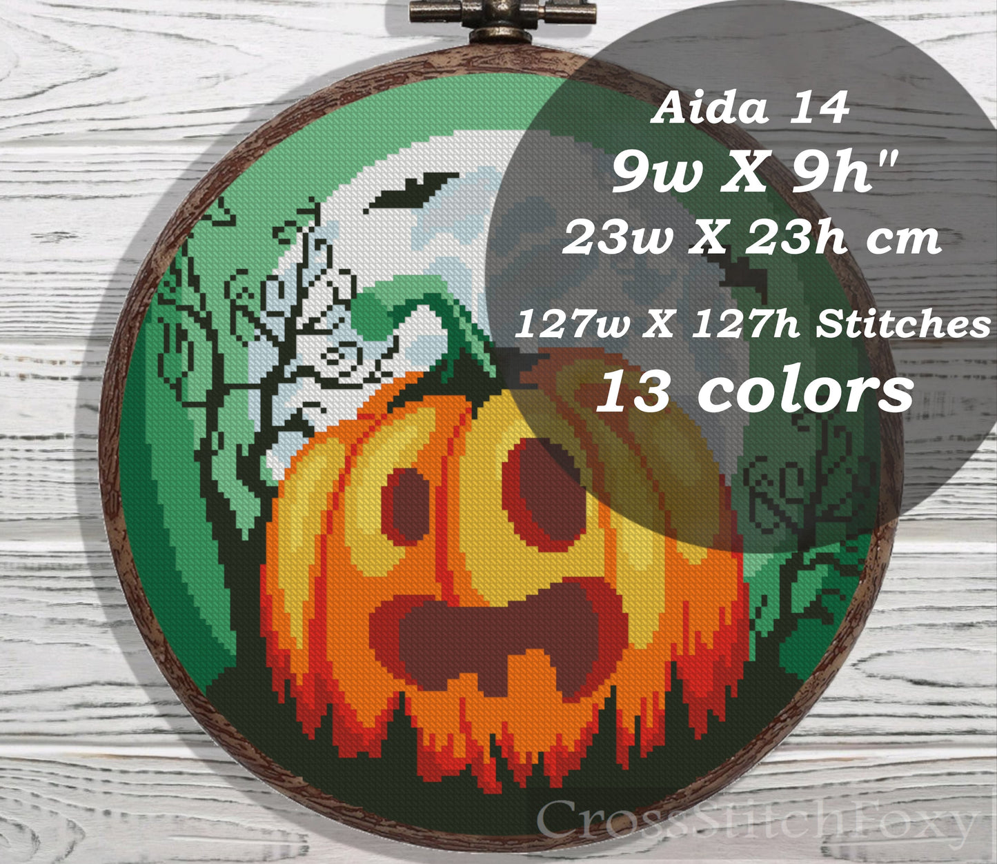 Halloween spooky pumpkin moon landscape cross stitch pattern
