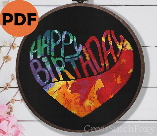 Happy Birthday Heart cross stitch pattern
