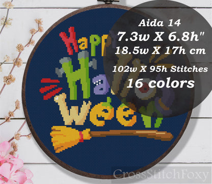 Happy Halloween Lettering Broom Cross Stitch Pattern PDF