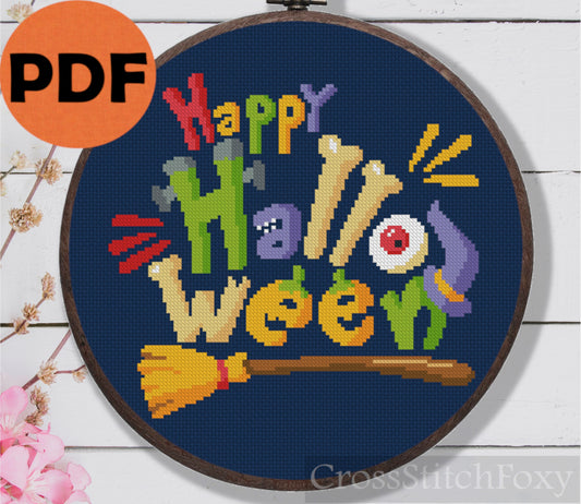 Happy Halloween Lettering Broom Cross Stitch Pattern PDF