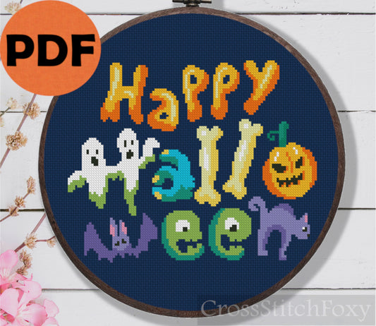 Happy Halloween Lettering Pumpkin Cross Stitch Pattern PDF