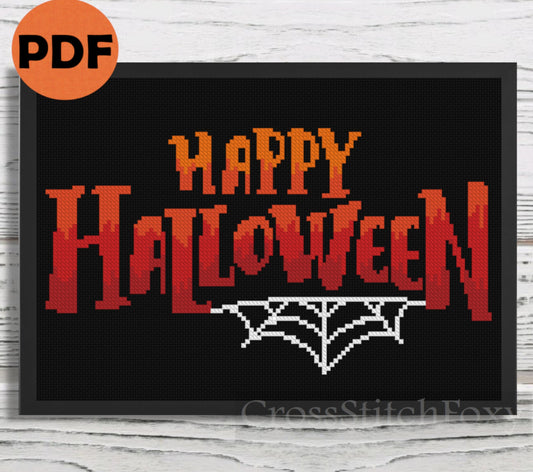 Happy Halloween spooky spiderweb cross stitch pattern