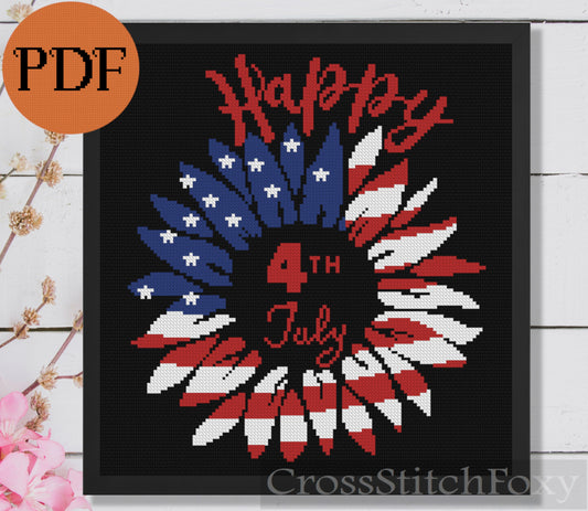 Happy th July US Patriotic Sunflower Flag Cross Stitch Pattern PDF