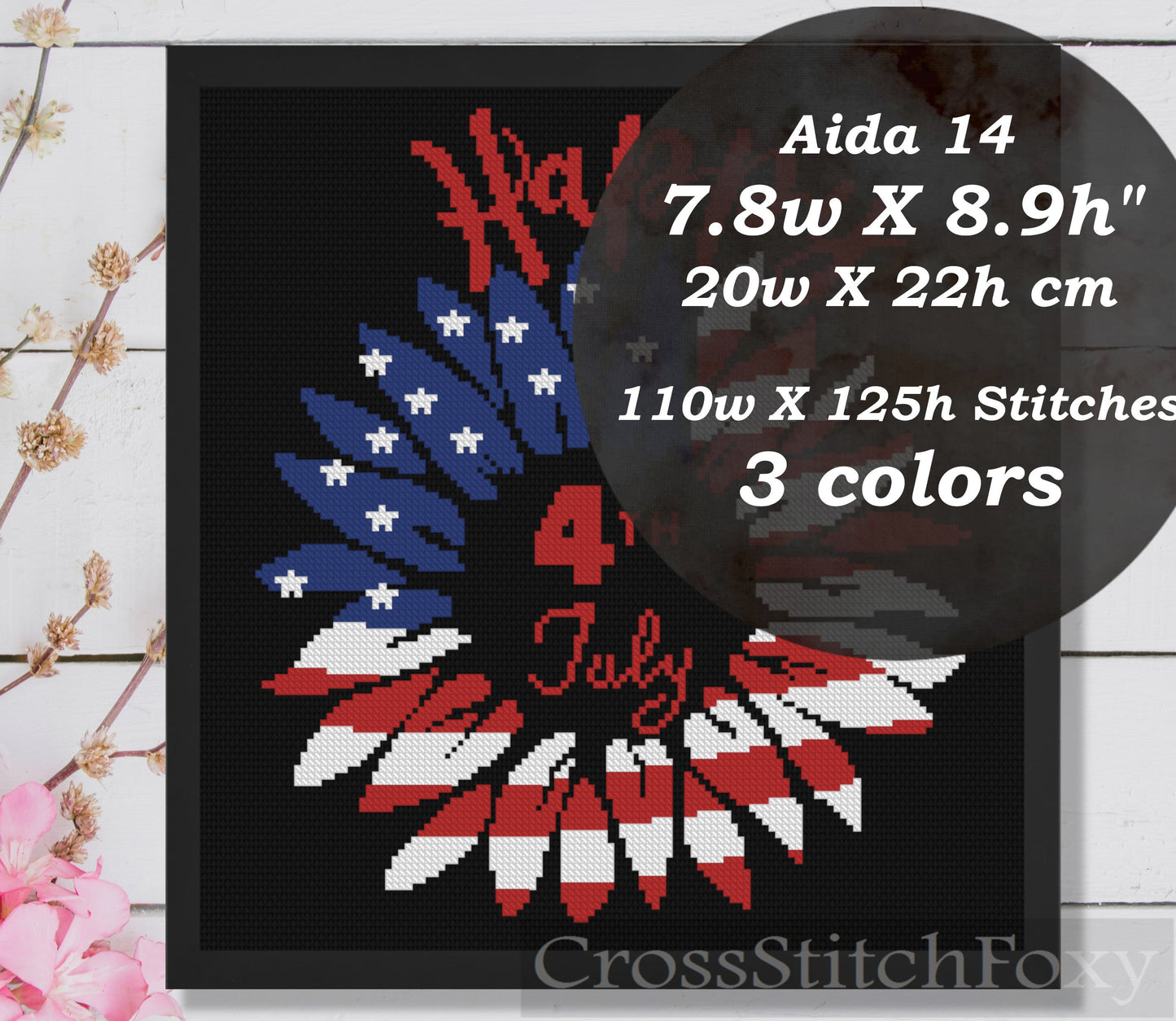 Happy th July US Patriotic Sunflower Flag Cross Stitch Pattern PDF