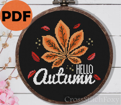 Hello Autumn Fall Leaves Cross Stitch Pattern PDF