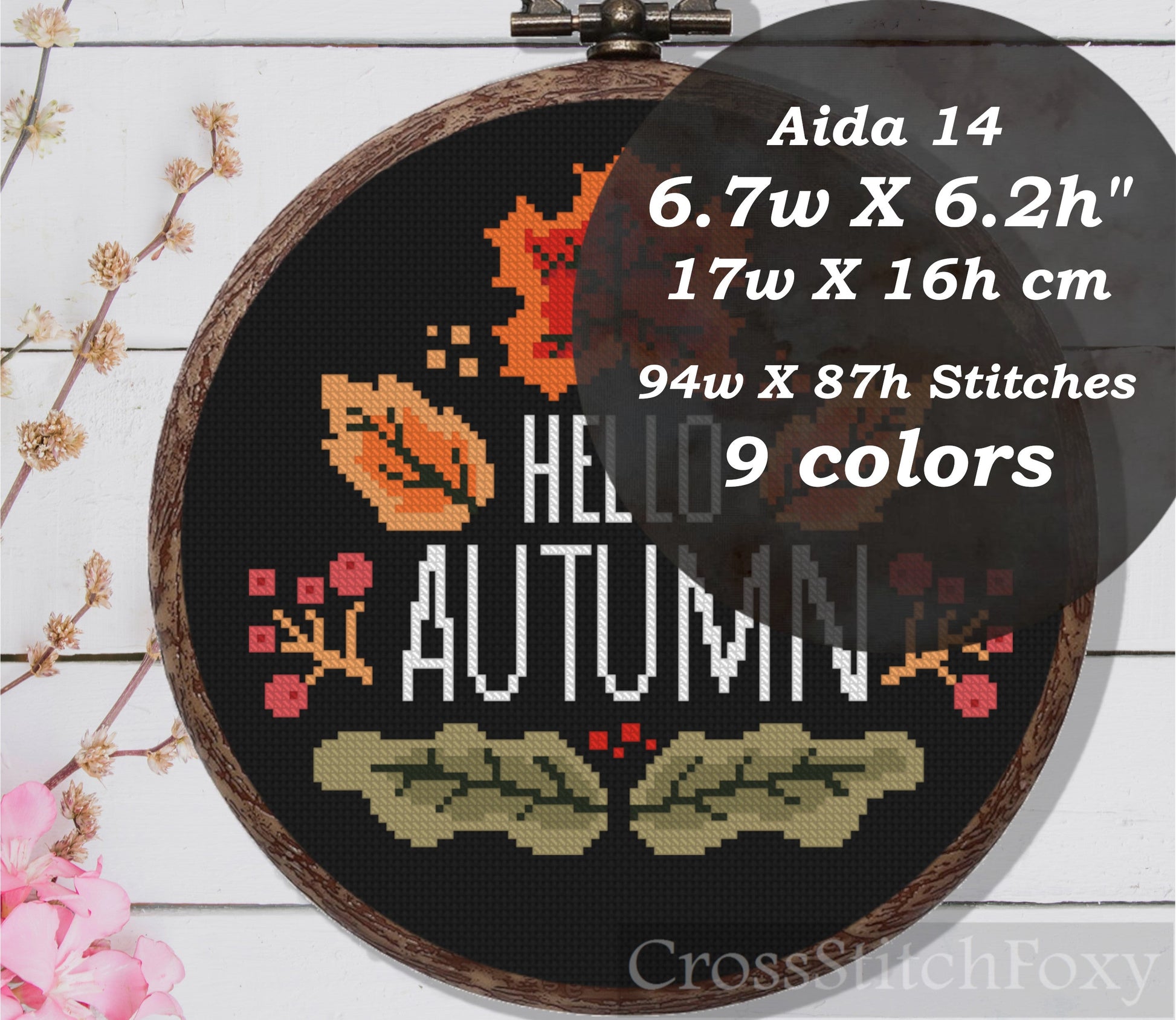 Hello Autumn Fall Leaves Cross Stitch Pattern PDF