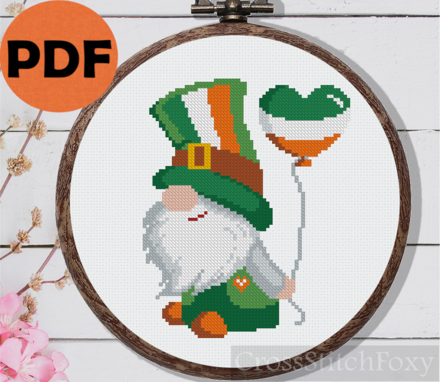 Irish Gnome Heart Balloon Flag Cross Stitch Pattern