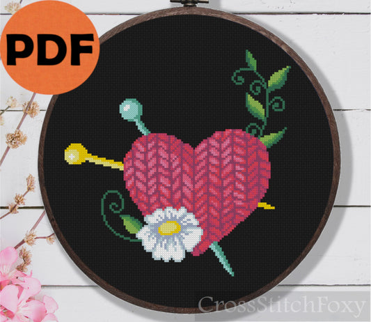 Knitted Heart Flower Cross Stitch Pattern