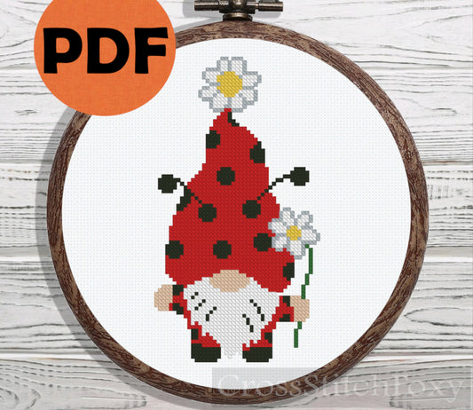 Ladybug Gnome With Flower cross stitch pattern