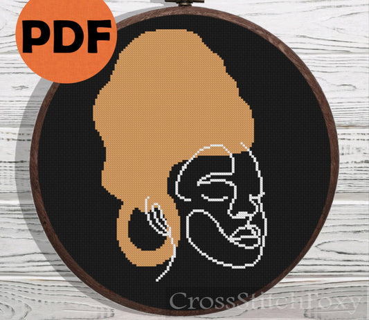 Line Art Black Girl Portrait cross stitch pattern