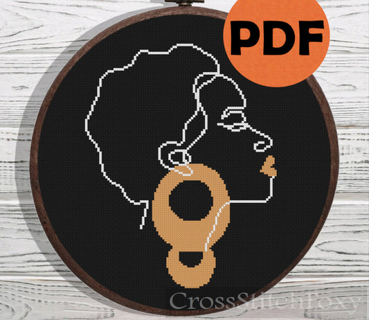 Line Art Black Girl Portrait cross stitch pattern