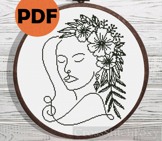 Line Art Female Floral Portrait cross stitch pattern