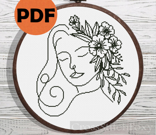 Line Art Female Floral Portrait cross stitch pattern