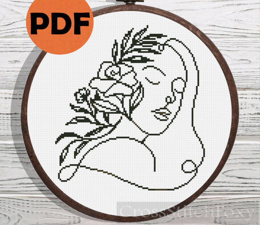Line Art Girl Floral Portrait cross stitch pattern