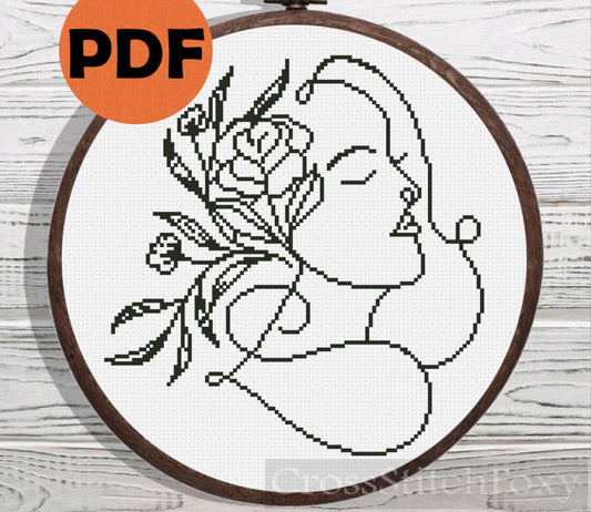Line Art Girl Floral Portrait cross stitch pattern