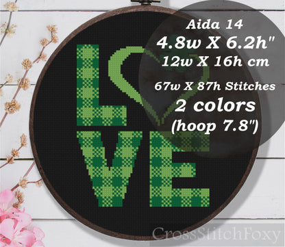 Love St Patrick Heart Tartan Shamrock Cross Stitch Pattern