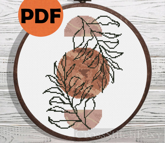 Marble abstract boho leaves cross stitch pattern