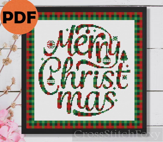 Merry Christmas Plaid Cross Stitch Pattern