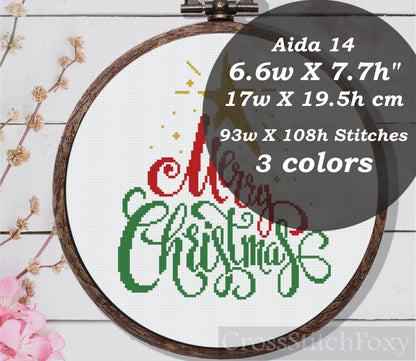 Merry Christmas Tree Lettering cross stitch pattern