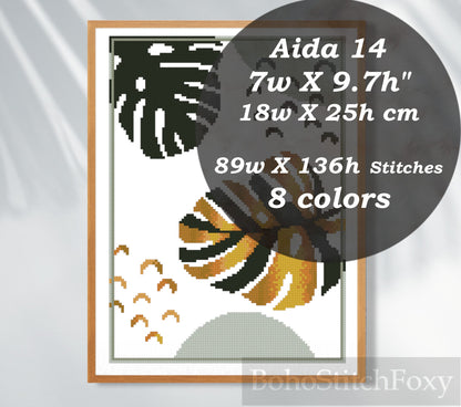 Monstera Golden Leaf Minimalist Cross Stitch Pattern PDF