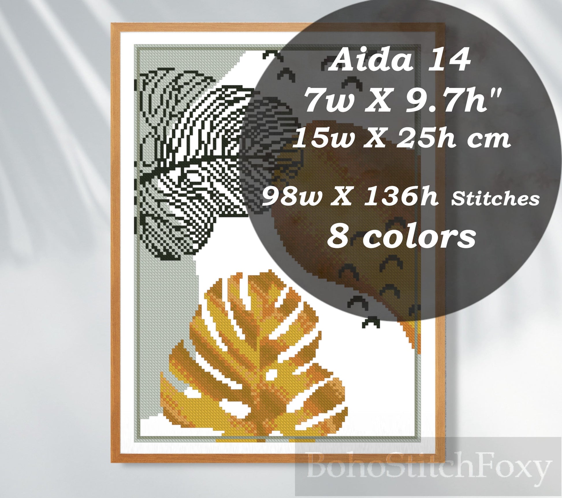 Monstera Golden Leaves Minimalist Cross Stitch Pattern PDF