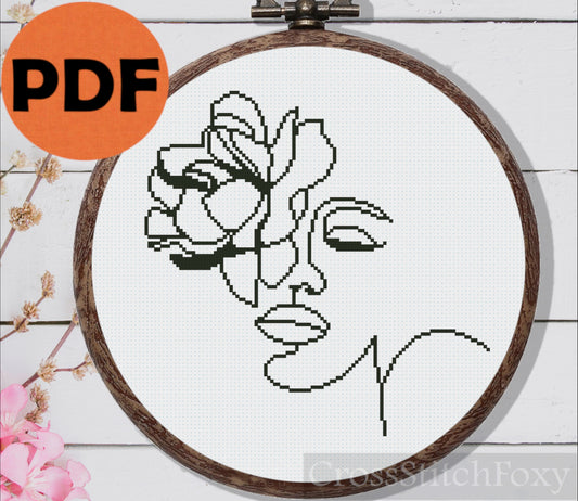 One line art female flower portrait cross stitch pattern