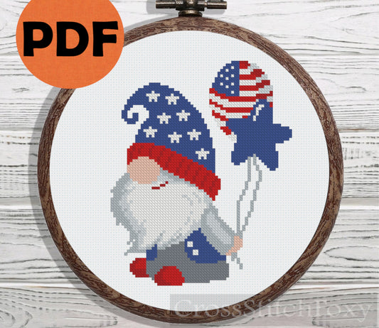 Patriotic Gnome Balloons cross stitch pattern