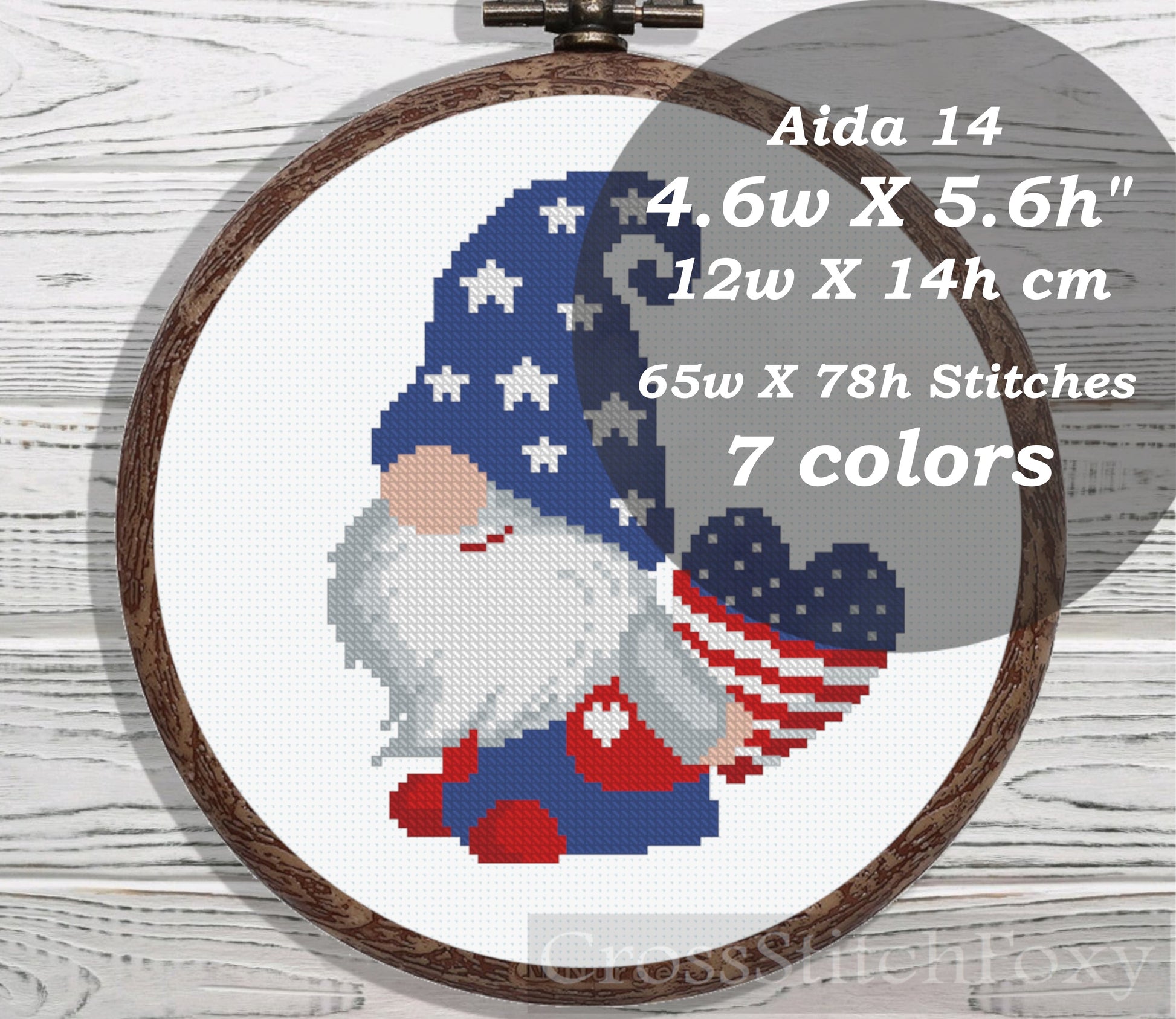 Patriotic Gnome with Heart Flag cross stitch pattern