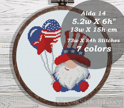 Patriotic Gnome with balloons cross stitch pattern