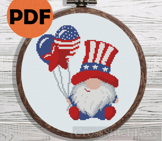 Patriotic Gnome with balloons cross stitch pattern