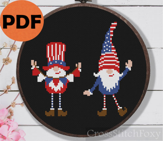 Patriotic th July Tiny Gnomes US Flag Cross Stitch Pattern