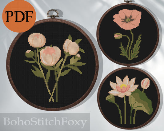 Peony Lotus Poppy Flower Cross Stitch Patterns
