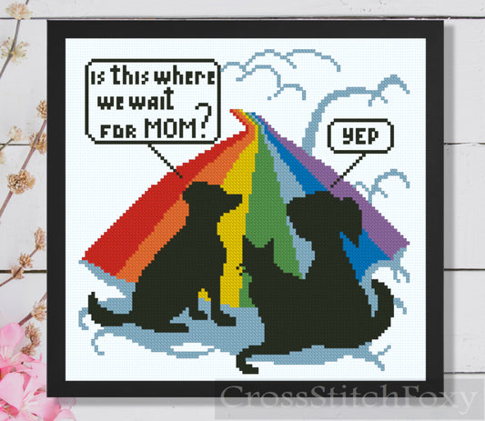 Rainbow bridge dogs and cat cross stitch pattern