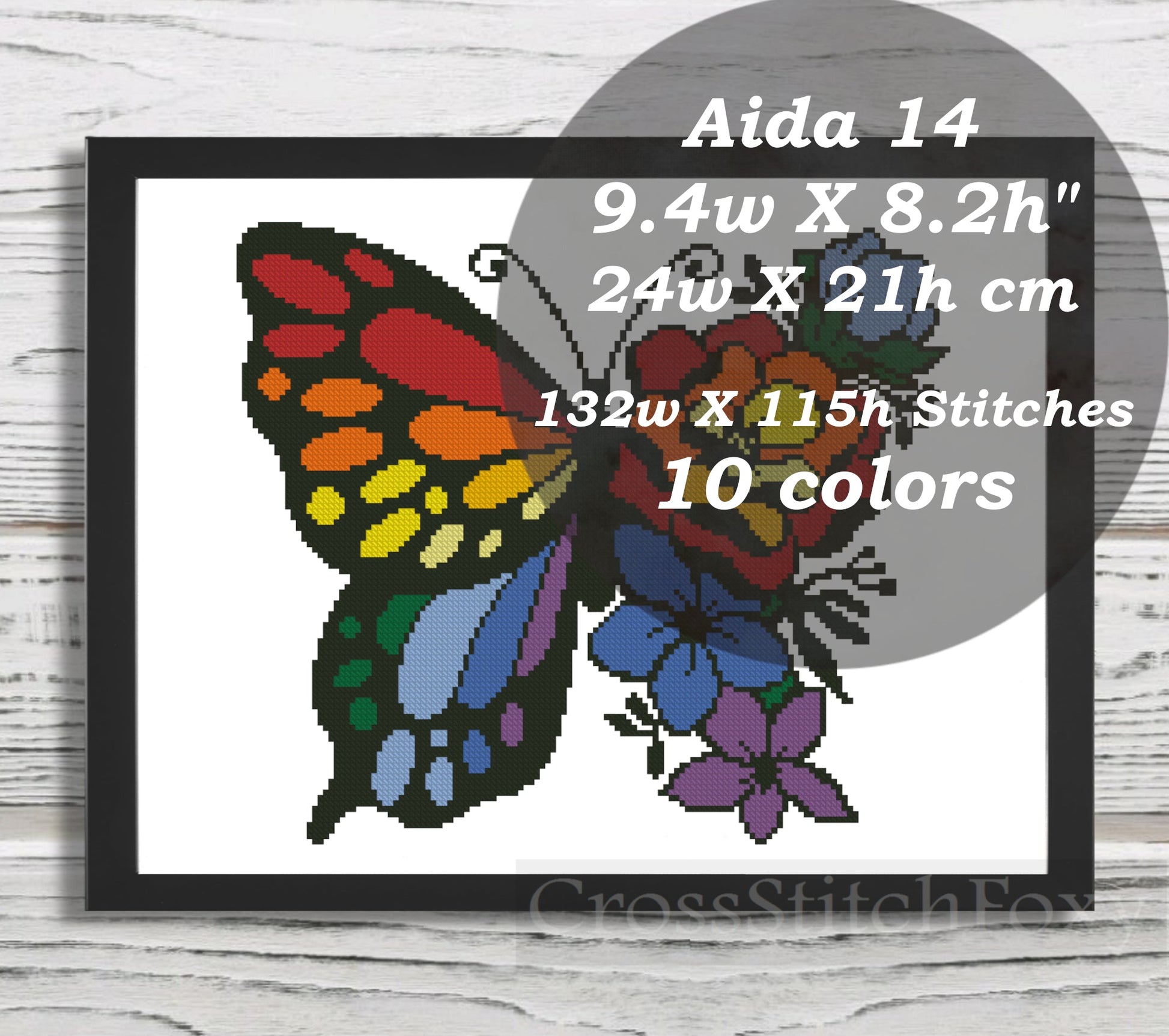 Rainbow Floral Butterfly cross stitch pattern