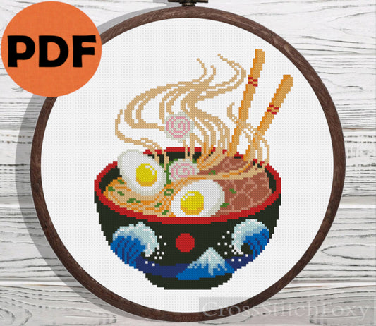 Ramen noodles bowl cross stitch pattern