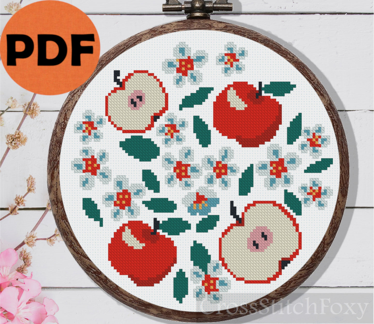 Red Apples Flowers Cross Stitch Pattern PDF