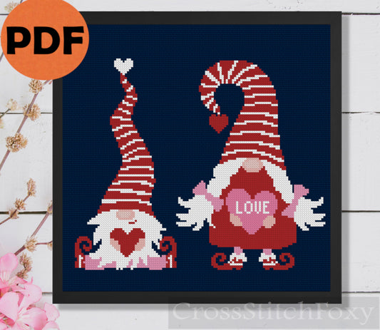 Scandinavian Valentine gnomes cross stitch pattern