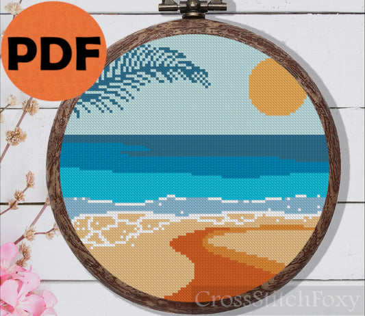 Sea beach sunset palm leaf cross stitch pattern