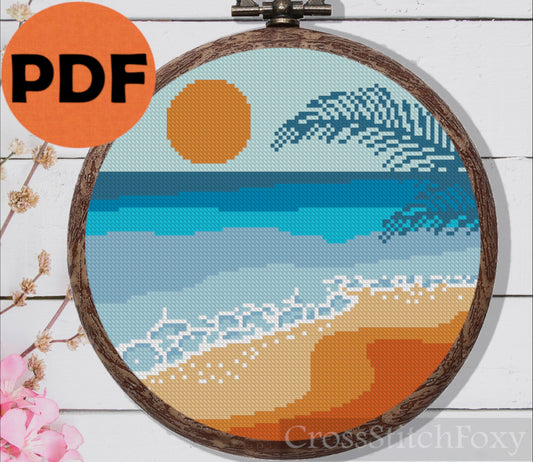 Sea beach sunset palm leaves cross stitch pattern