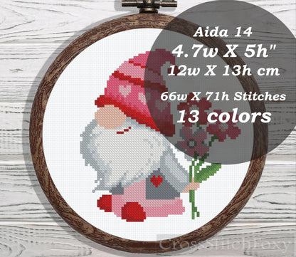 Small Valentine gnome with flowers cross stitch pattern