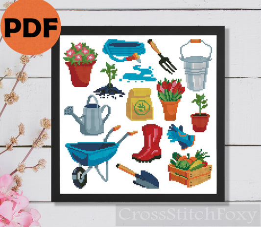 Spring Gardening Elements Flowers Cross Stitch Pattern