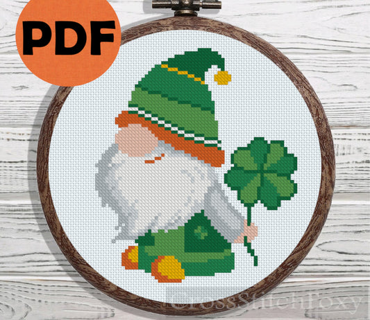 St Patrick Gnome with Shamrock cross stitch pattern