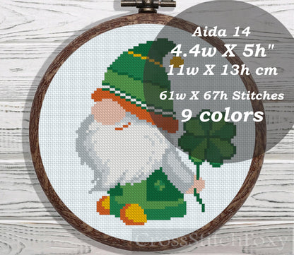 St Patrick Gnome with Shamrock cross stitch pattern