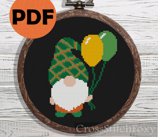 St Patrick Gnome with balloons cross stitch pattern